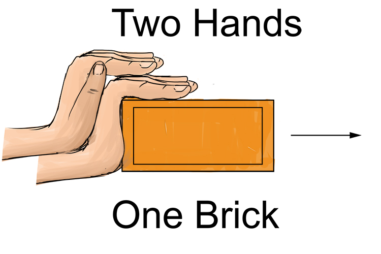 Two hands pushing one brick.